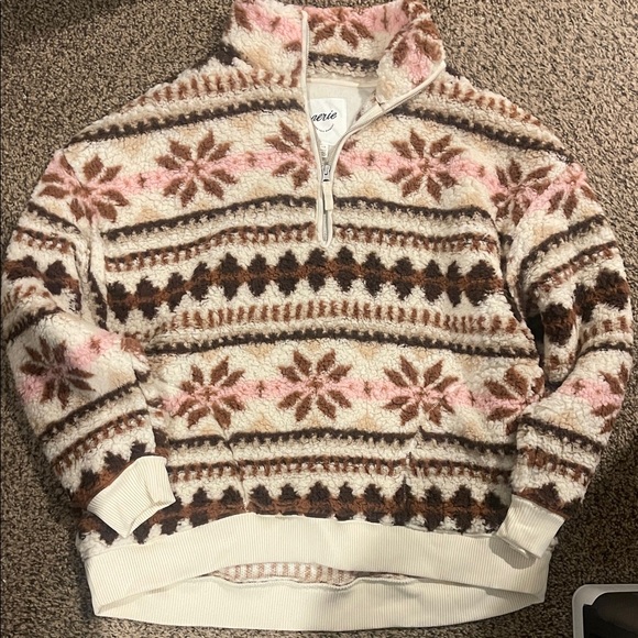 aerie Tops - aerie Cream, Brown & Pink Sherpa Half-Zip Pullover